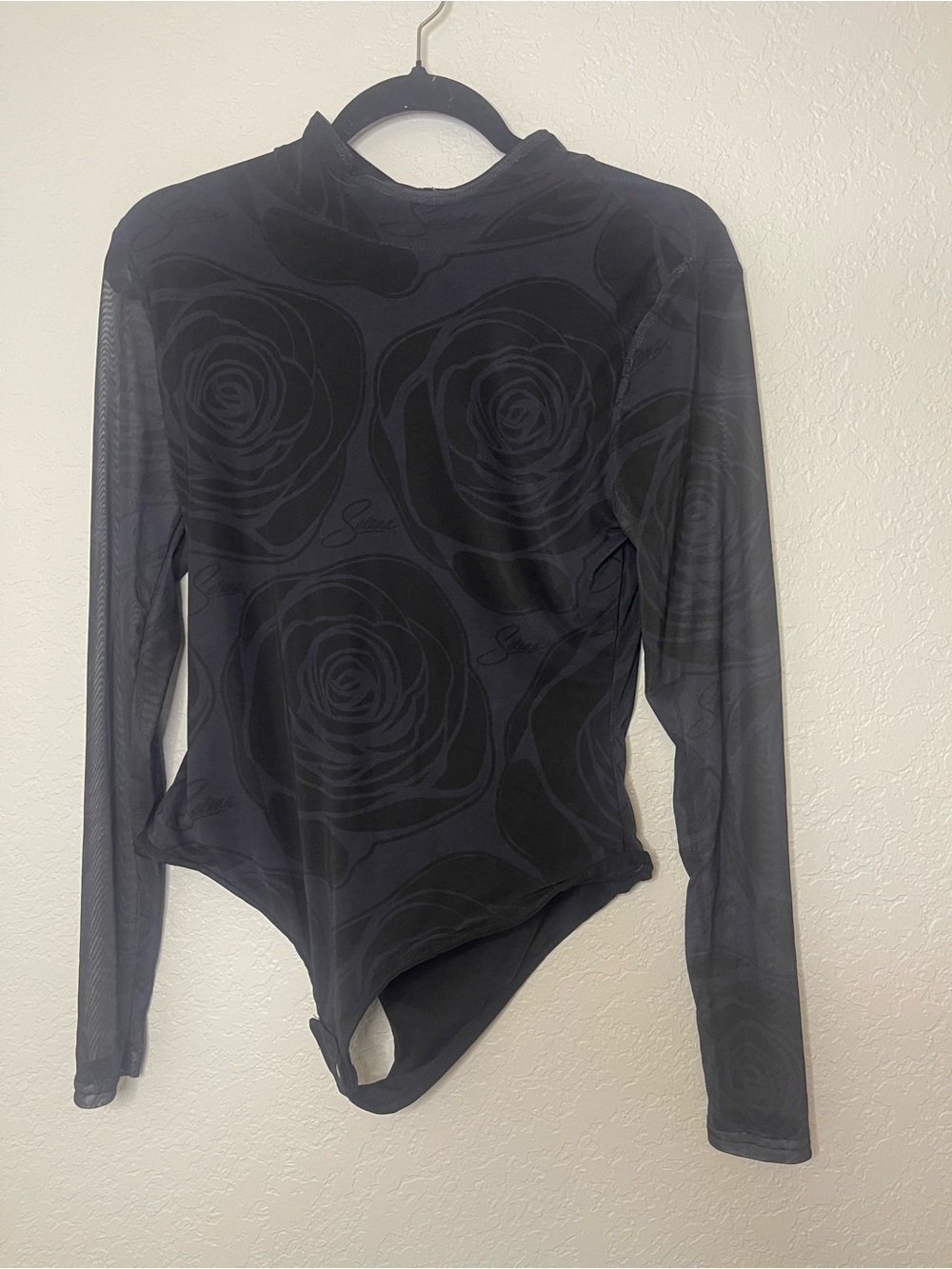 Sheer Long-Sleeve Rose Print Bodysuit - Black